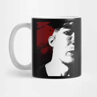 Portrait, digital collage and special processing. Hard situation, but men looking on us. Beautiful. Gray and red. Mug